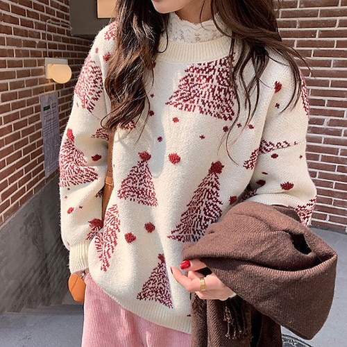 

Women's Ugly Christmas Sweater Pullover Sweater Jumper Ribbed Knit Knitted Christmas Tree Crew Neck Stylish Casual Outdoor Christmas Winter Fall Green White S M L / Long Sleeve / Weekend / Holiday