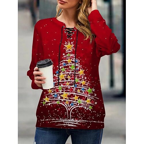 

Women's Shirt Green Red Christmas Tree Lace up Print Long Sleeve Christmas Casual Streetwear V Neck Regular S