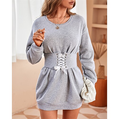 

Women's Casual Dress Sweatshirt Dress Mini Dress Light Grey Long Sleeve Pure Color Bow Winter Fall Autumn Crew Neck Winter Dress Weekend Fall Dress Loose Fit 2022 S M L XL XXL
