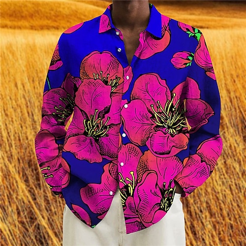 

Hombre Camisa Floral Cuello Vuelto Azul Piscina Impresión 3D Exterior Calle Manga Larga Abotonar Estampado Ropa Moda Design Casual Transpirable