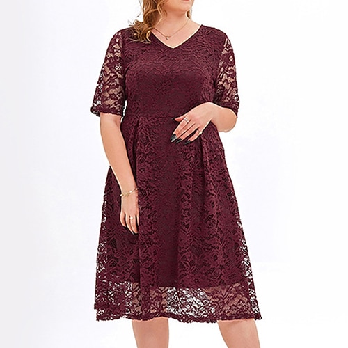 

Women's Plus Size Party Dress Solid Color V Neck Half Sleeve Winter Fall Elegant Formal Sexy Midi Dress Formal Party Dress / Lace Dress