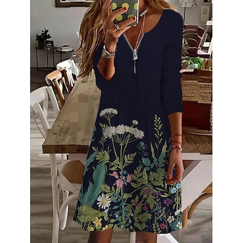 

Women's Casual Dress Shift Dress Black Blue Long Sleeve Floral Zipper Winter Fall Autumn V Neck Winter Dress Weekend Fall Dress 2022 S M L XL 2XL 3XL 4XL 5XL 6XL