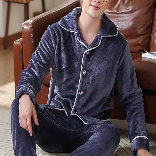 

Men's Pajamas Loungewear Sets Pure Color Basic Fashion Comfort Home Flannel Warm Lapel Long Sleeve Pant Button Pocket Winter Fall Blue Royal Blue / Plush