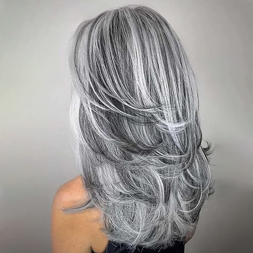 

Grey Long Layered Wigs for Women Silver Wavy Wigs Natural Synthetic Hair Wig for Daily Party Use ChristmasPartyWigs