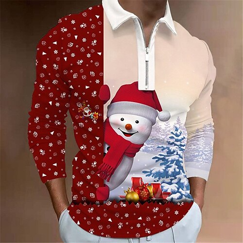 

Men's Collar Polo Shirt Golf Shirt Snowman Tree Turndown Wine 3D Print Christmas Street Long Sleeve Zipper Print Clothing Apparel Fashion Designer Casual Breathable