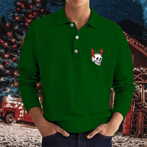 

Men's Collar Polo Shirt Golf Shirt Skull Graphic Prints Turndown Green Black Navy Blue Hot Stamping Christmas Street Long Sleeve Button-Down Print Clothing Apparel Fashion Casual Comfortable