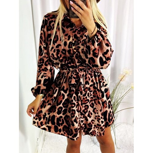 

Women's Casual Dress Shirt Dress Brown White Long Sleeve Leopard Lace up Print Winter Fall Shirt Collar Stylish Casual Modern Fall Dress 2022 S M L XL 2XL / Cotton / Winter Dress