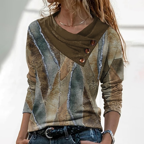 

Women's Blouse Shirt Brown Color Block Button Print Long Sleeve Casual Weekend Basic V Neck Regular S