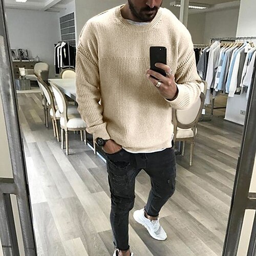 

Men's Pullover Sweater Jumper Ribbed Knit Cropped Knitted Solid Color Crew Neck Keep Warm Modern Contemporary Work Daily Wear Clothing Apparel Spring & Fall Green Black S M L