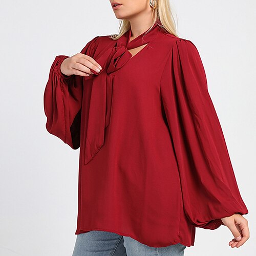 

Women's Plus Size Tops Blouse Shirt Plain Bow Long Sleeve Crewneck Streetwear Casual Daily Vacation Polyester Fall Winter Wine