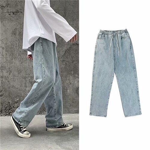 

Men's Trousers Casual Pants Pocket Drawstring Elastic Waist Solid Color Comfort Breathable Full Length Daily Going out Denim Fashion Streetwear Blue Inelastic / Wide Leg