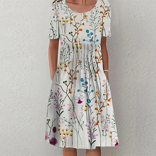 

Women's Casual Dress Shift Dress White Short Sleeve Floral Ruched Spring Summer Crew Neck Slim 2022 S M L XL XXL 3XL