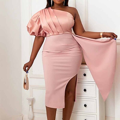 

Women's Plus Size Party Dress Solid Color One Shoulder Short Sleeve Fall Winter Elegant Formal Sexy Midi Dress Formal Party Dress