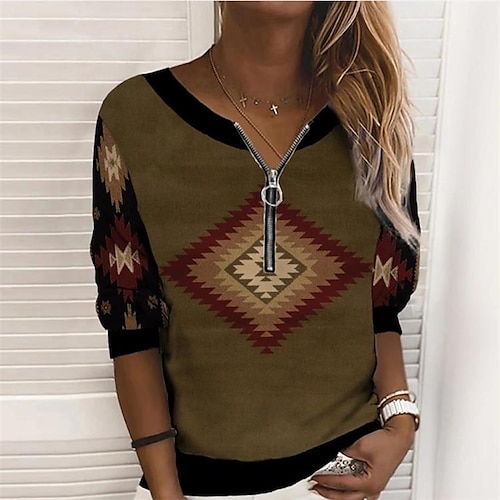 

2022 amazon europe and the united states spring and autumn new products digital printing zipper v-neck loose casual sweater women's long-sleeved top