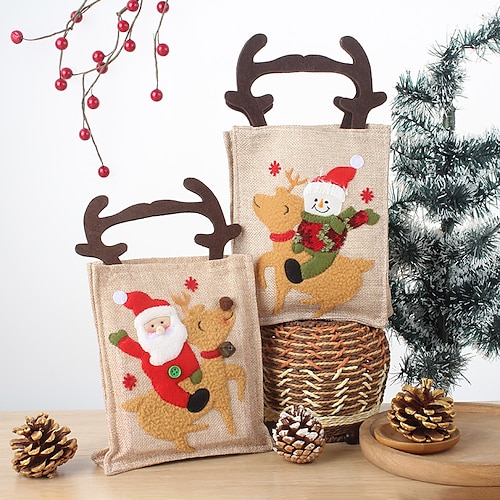 

2 Pcs Spot Creative Christmas Gift Bag Cute Snowman Elk Embroidery Pattern Gift Bag Antler Portable Candy Bag