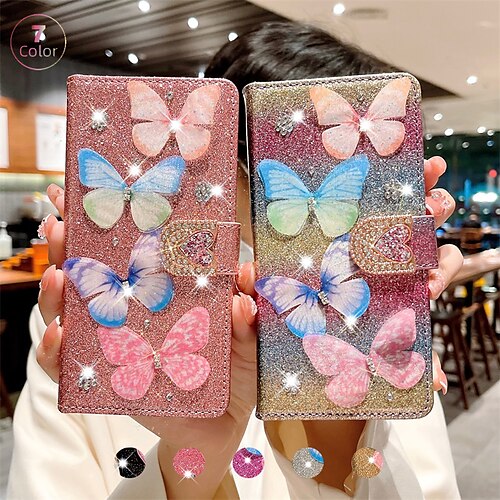 

Phone Case For Apple Wallet Card iPhone 14 Pro Max iPhone 14 Pro iPhone 14 Plus iPhone 14 iPhone 13 Pro Max 12 Mini 11 X XR XS Max 8 7 Wallet Full Body Protective Glitter Shine Butterfly Glitter