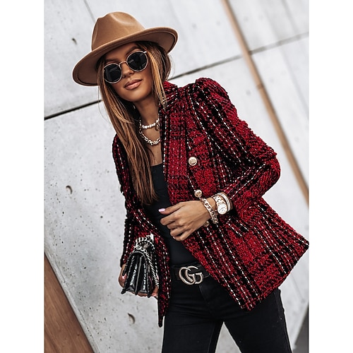 

Women's Blazer Tweed Plaid Long Sleeve Coat Fall Winter Business Double Breasted Regular Jacket Green Brown XL 2XL 3XL