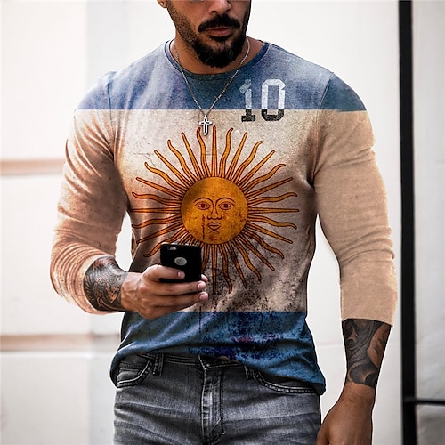 

Men's T shirt Tee Sun Graphic Prints Crew Neck Orange 3D Print World Cup Outdoor Street Long Sleeve Print Clothing Apparel Basic Vintage Sports Designer
