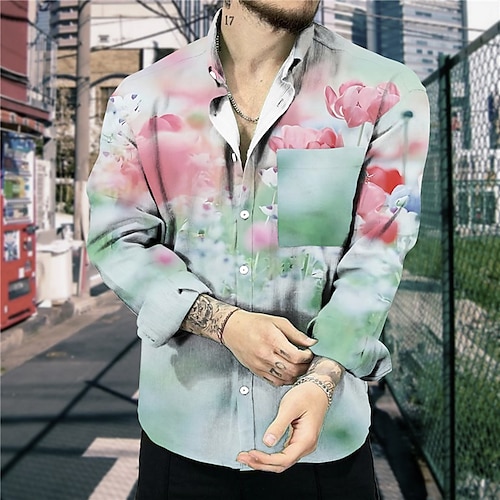 

Men's Shirt Floral Turndown Green 3D Print Outdoor Street Long Sleeve Button-Down Print Clothing Apparel Designer Casual Breathable