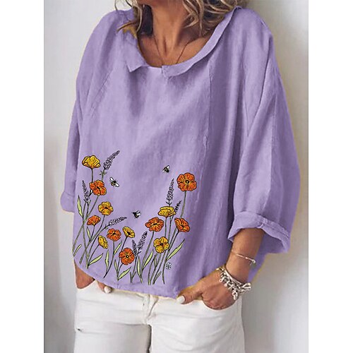 

Women's Shirt Blue Purple Yellow Floral Print Long Sleeve Holiday Basic Round Neck Regular Floral S