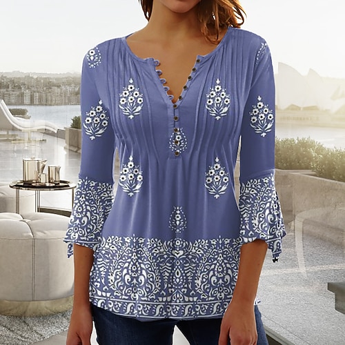 

Women's Shirt Green Blue Purple Floral Button Print 3/4 Length Sleeve Christmas Weekend Streetwear Casual Round Neck Regular Floral S