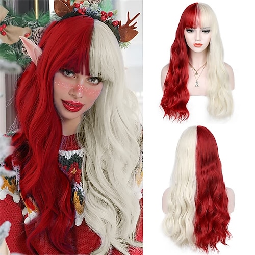 

Love Long Wavy Wig Red and white Wigs with Bangs Synthetic Curly Hair Wigs Middle Part Heat Resistant Fibre Daily Party for Women ChristmasPartyWigs