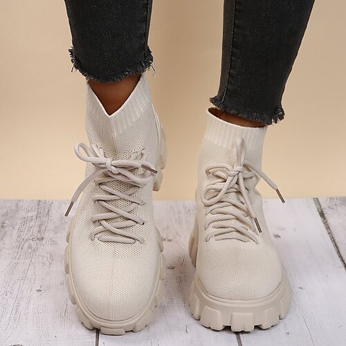

Women's Boots Daily Combat Boots Plus Size Booties Ankle Boots Winter Block Heel Round Toe Casual Minimalism Knit Lace-up Solid Colored Black Beige