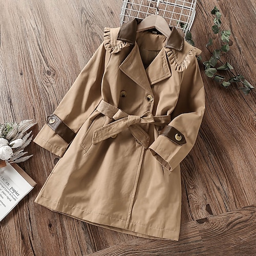 

Kids Girls' Trench Coat Long Sleeve Khaki Solid Color Ruffle Winter Fall Fashion School 7-13 Years