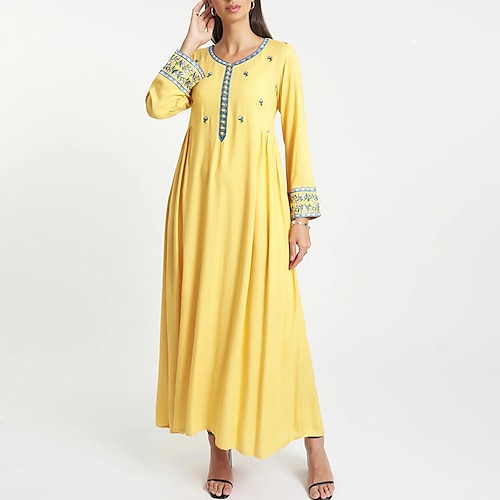 

Women's Casual Dress Shift Dress Kaftan Dress Long Dress Maxi Dress Blue Yellow Long Sleeve Floral Embroidered Spring Summer Autumn Crew Neck Muslim Winter Dress Weekend Fall Dress Loose Fit 2022 S M