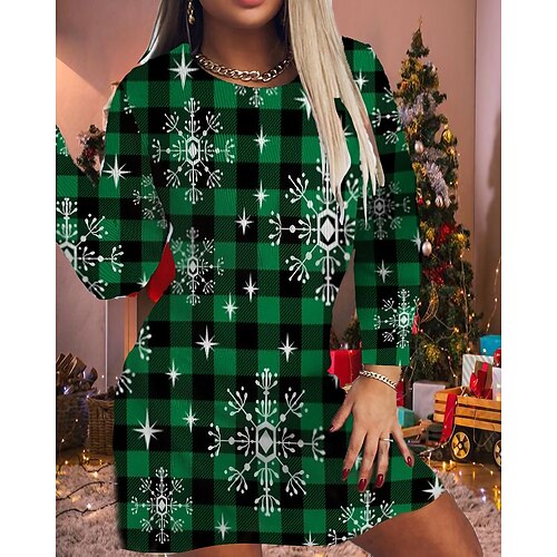 

Women's Christmas Bodycon Print Dress Mini Dress Green Red Black Long Sleeve Elk Tree Snowflake Print Winter Autumn Crew Neck Fashion Casual 2022 S M L XL 2XL 3XL 4XL 5XL 6XL