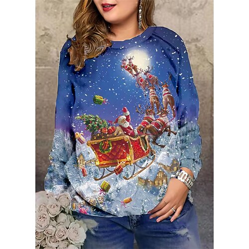 

Women's Plus Size Christmas Tops Pullover Sweatshirt Graphic Deer Long Sleeve Streetwear Daily Polyester Winter Fall Blue Yellow