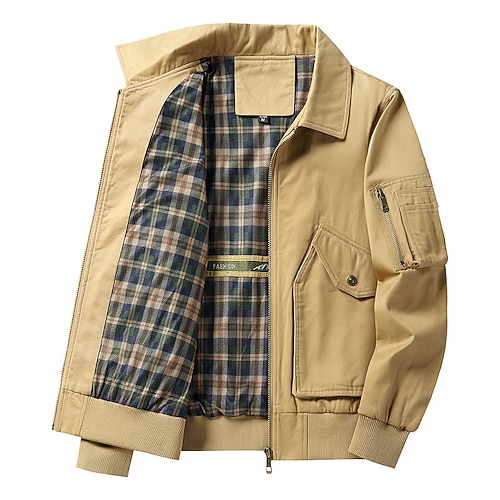 

Men's Daily Wear Going out Festival Zipper Turndown Warm Ups Comfort Jacket Outerwear Solid Color Zipper Pocket Khaki Army Green Black / Long Sleeve