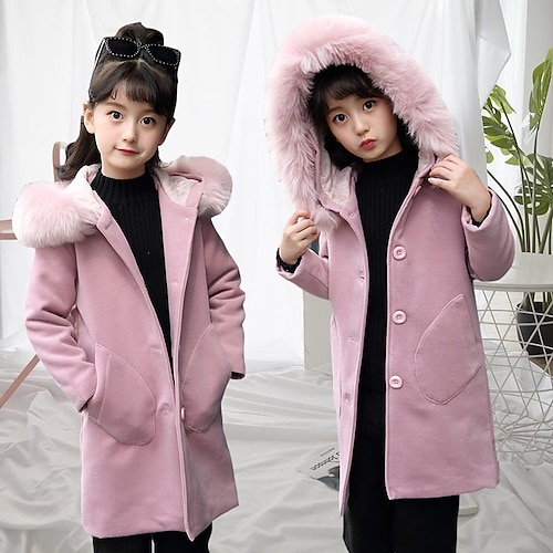 

Kids Girls' Woolen Coat Long Sleeve Purple Solid Color Winter Fall Fashion Outdoor 7-13 Years