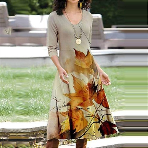 

Women's Casual Dress Swing Dress Boho Dress Midi Dress Yellow Long Sleeve Print Winter Fall Autumn Crew Neck Chinoiserie Winter Dress Fall Dress 2022 S M L XL 2XL 3XL