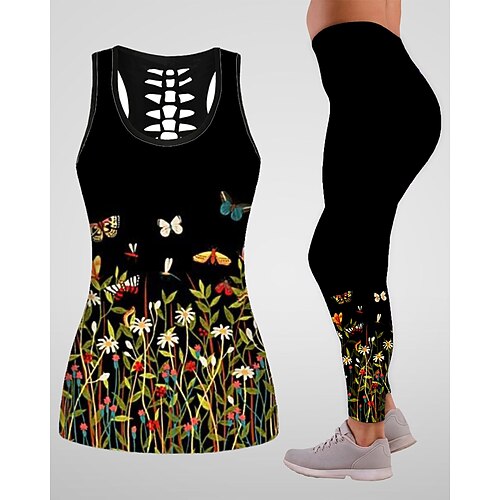 

Women's Yoga Suit Yoga Set 3D Set 2 Piece Floral Cropped Leggings Tank Top Clothing Suit Green and Black Black Yoga Fitness Gym Workout Tummy Control Butt Lift Breathable Sleeveless Sport Activewear