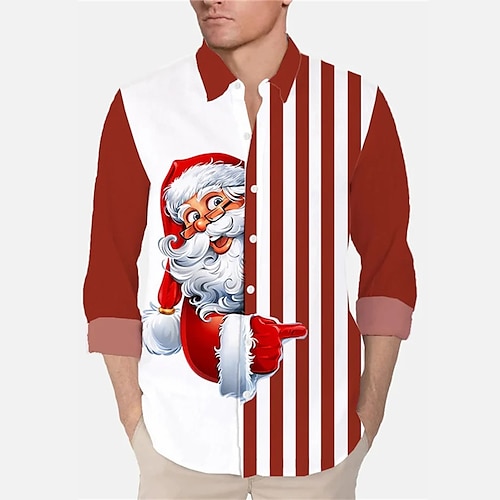 

Men's Shirt Santa Claus Striped Turndown Wine 3D Print Outdoor Christmas Long Sleeve Button-Down Print Clothing Apparel Fashion Designer Casual Breathable