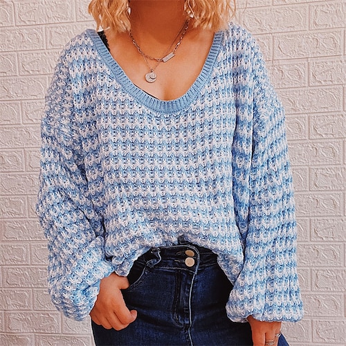 

Women's Pullover Sweater jumper Jumper Crochet Knit Patchwork Knitted Striped V Neck Stylish Casual Outdoor Daily Winter Fall Blue Pink S M L / Long Sleeve / Holiday / Regular Fit / Going out