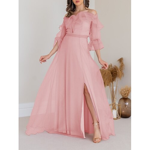 

Women's Party Dress Shift Dress Swing Dress Long Dress Maxi Dress Pink 3/4 Length Sleeve Pure Color Ruffle Winter Fall Autumn Off Shoulder Romantic Party Evening Party 2022 S M L XL