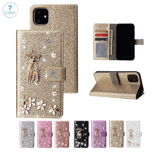 

Phone Case For Apple Wallet Card iPhone 14 Pro Max 13 12 11 Pro Max Mini X XR XS 8 7 Plus Wallet Rhinestone Card Holder Slots Christmas Crystal Diamond TPU PU Leather