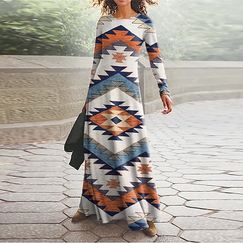 

Women's Casual Dress Swing Dress Long Dress Maxi Dress Blue Long Sleeve Geometric Pocket Winter Fall Autumn V Neck Winter Dress Fall Dress 2022 S M L XL XXL 3XL