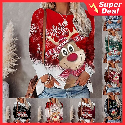 

Women's T shirt Tee Green Black Blue Snowman Reindeer Print Long Sleeve Christmas Weekend Basic Round Neck Regular Painting S