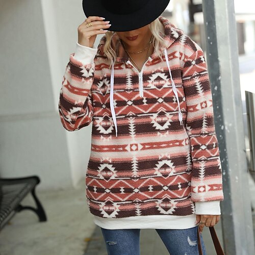 

Women's Hoodie Zipper Geometric Hooded Thick Winter Multicolor