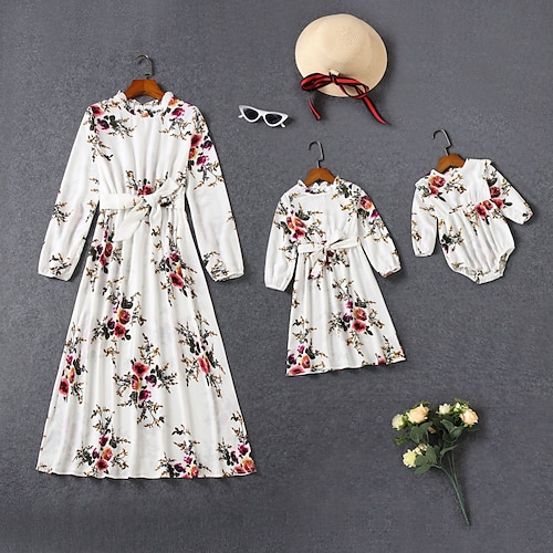 

Mommy and Me Dresses Floral Street White Long Sleeve Asymmetrical Daily Matching Outfits