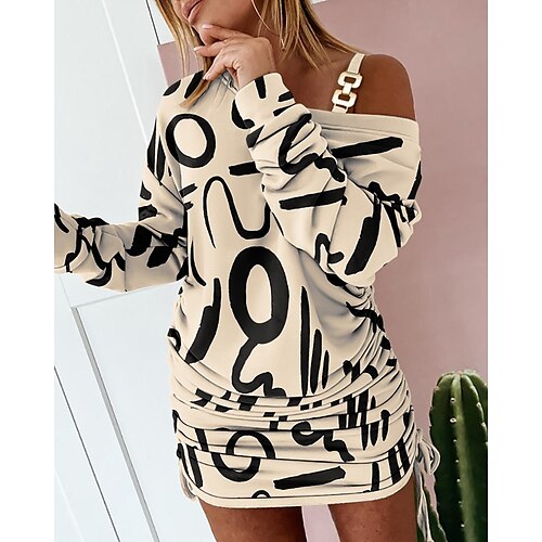 

Women's Casual Dress Sheath Dress Short Mini Dress Mini Dress Black Orange Khaki Long Sleeve Letter Cold Shoulder Winter Fall Autumn Cold Shoulder Stylish Winter Dress Fall Dress Loose Fit 2023 S M L