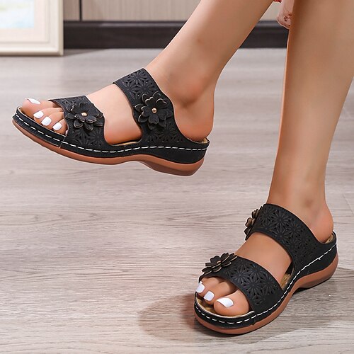 

Women's Sandals Boho Bohemia Beach Daily Beach Summer Flower Low Heel Open Toe Vintage Elegant Casual PU Leather Floral Black Pink Brown