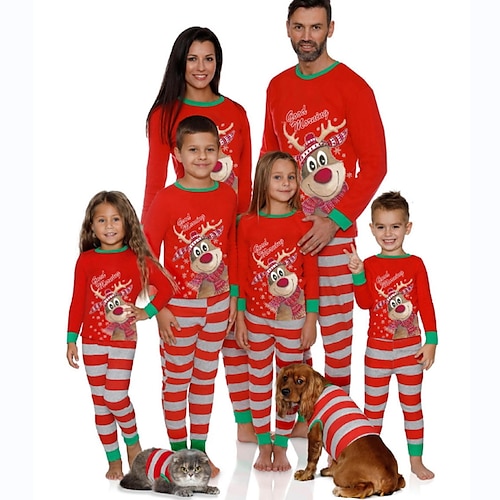 

Family Look Christmas Pajamas Deer Striped Home Red Long Sleeve Daily Matching Outfits