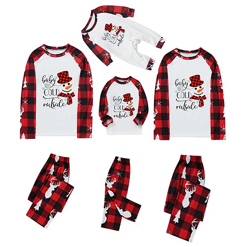 

Family Look Christmas Pajamas Letter Snowman Christmas Tree Home White Long Sleeve Basic Matching Outfits
