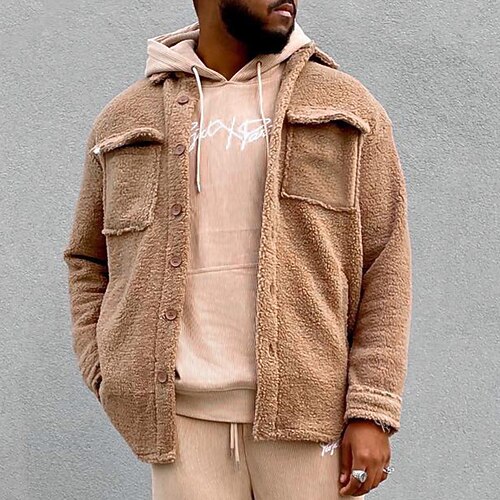 

Men's Sherpa jacket Fleece Jacket Soft Durable Daily Wear Vacation Going out Single Breasted Turndown Warm Ups Comfort Leisure Jacket Outerwear Solid Color Pocket Brown White