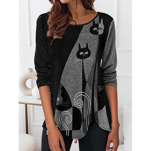 

Women's Shirt Black Cat Print Long Sleeve Casual Basic Round Neck Regular S
