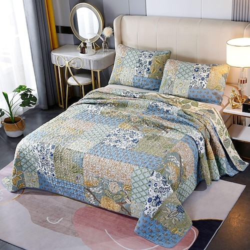 

100% Cotton Quilt Set 3 Piece,Patchwork Printing Reversible Quilt Set with Shams,Breathable,Lightweight and Soft Bedspread Coverlet for All Season,Washed Easy Care Queen King Size Bedding Quilts Set